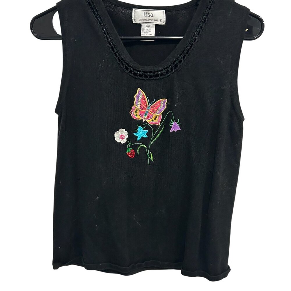 Lisa International Black Embroidered Butterfly Tank Top Size M Casual Relaxed
